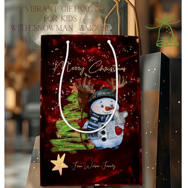 Vibrant Red Gold Snowman Mouse Christmas Gift Bag (Vibrant Red Gold Snowman Mouse Christmas Gift Bag)