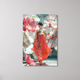 Vibrant Red Hanbok and Pink Floral Canvas Art