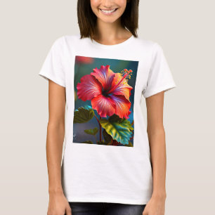 Vibrant Red Hibiscus Flower with Leaves-45328 T-Shirt