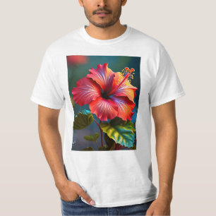 Vibrant Red Hibiscus Flower with Leaves-45328 T-Shirt