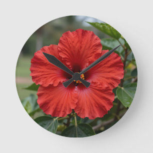 Vibrant Red Hibiscus Tropical Bloom Round Clock