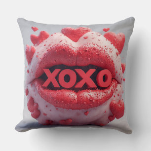 Vibrant Red Lips With XOXO by Romantic hearts Cushion