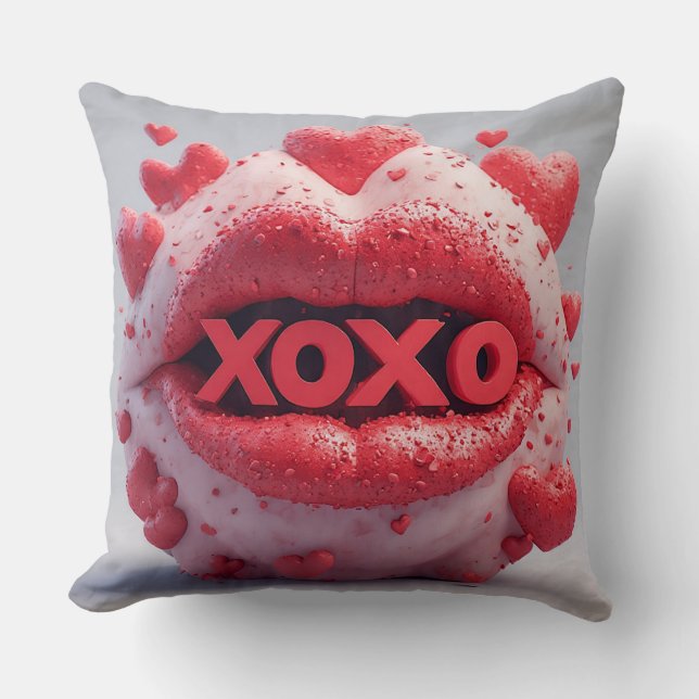 Vibrant Red Lips With XOXO by Romantic hearts Cushion (Front)