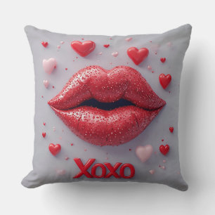 Vibrant Red Lips With XOXO by Romantic hearts Cushion