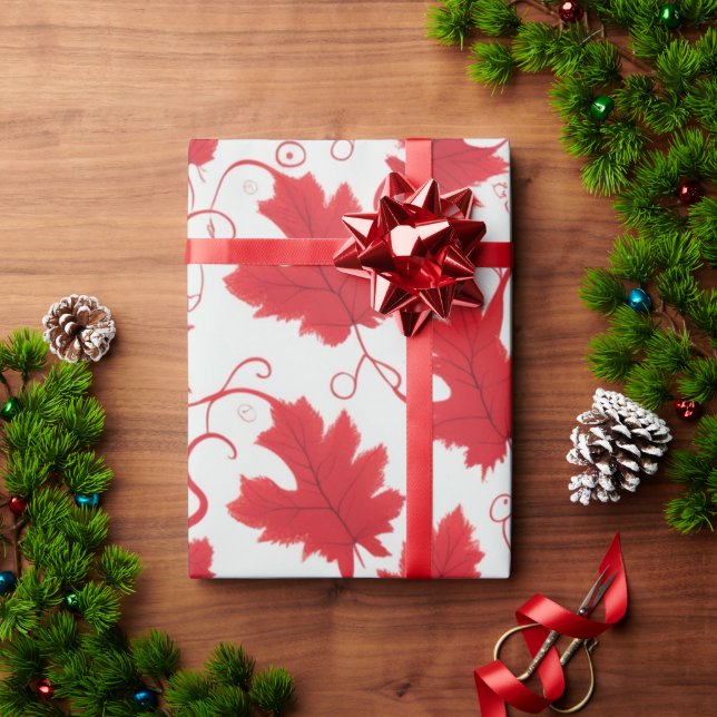 Vibrant Red Maple Leaf Pattern Wrapping Paper (Holiday Gift)