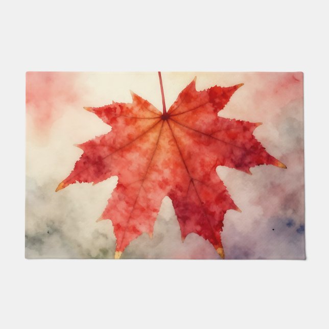 Vibrant Red Maple Leaf Watercolor Doormat (Front)