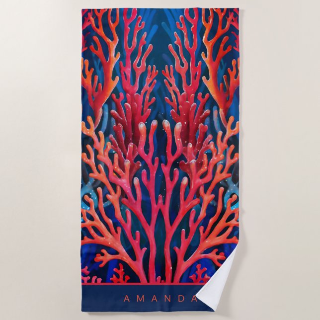Vibrant Red Ocean Coral Personalised Beach Towel (Front)