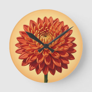 Vibrant Red Orange Chrysanthemum Flower Botanical Round Clock