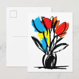 Vibrant Red Orange Tulips Bold Black Line Floral Postcard