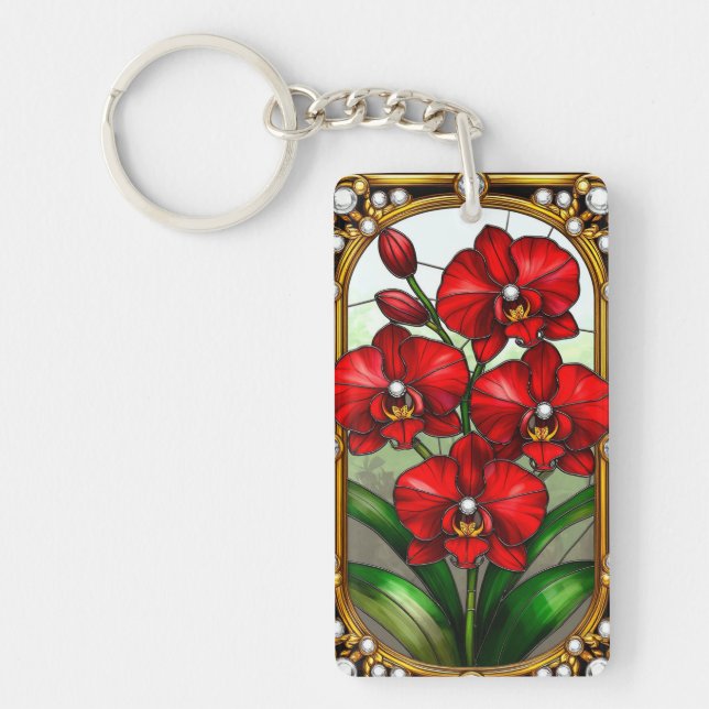 Vibrant Red Orchids in Ornamental Gold Frame Key Ring (Front)