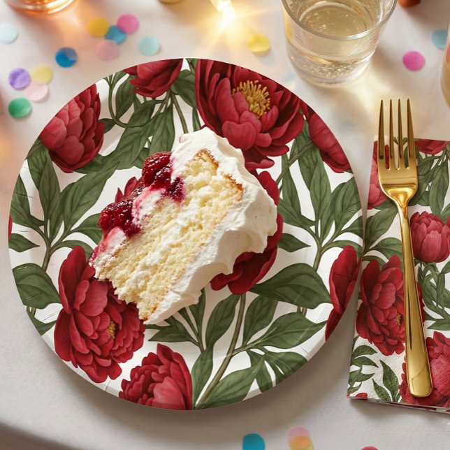 Vibrant Red Peony Collection Customizable Party Paper Plate (Creator Uploaded)