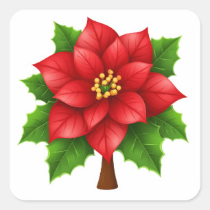 Vibrant Red Poinsettia Flower with Green Leaves Square Sticker