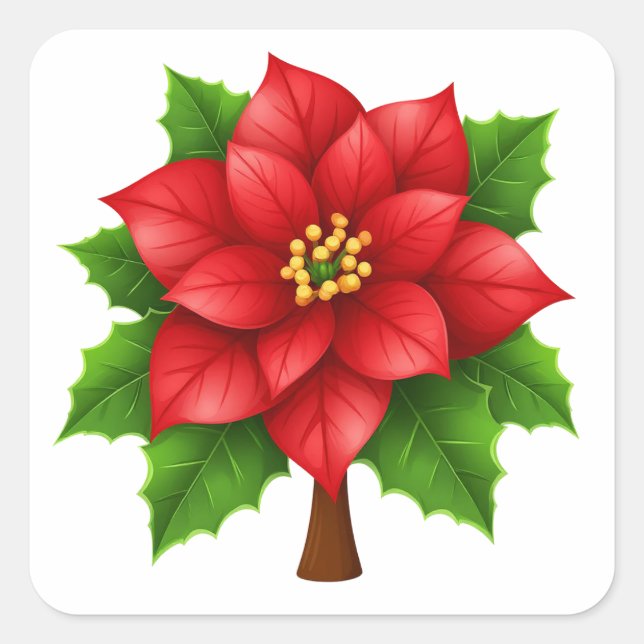 Vibrant Red Poinsettia Flower with Green Leaves Square Sticker (Front)