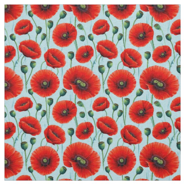 Vibrant Red Poppies on a Light Blue Background Fabric (Swatch)