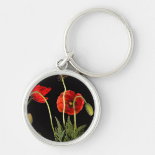 Vibrant Red Poppies On Black Key Ring