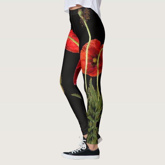 Vibrant Red Poppies On Black Leggings (Left)