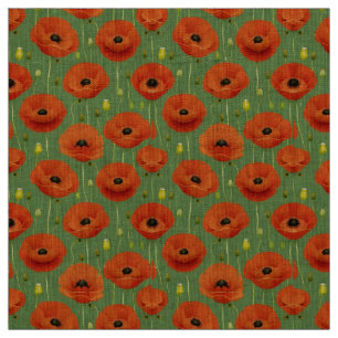 Vibrant Red Poppies Pattern on a Green Background Fabric
