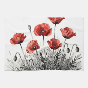 Vibrant Red Poppy Flower Meadow Tea Towel