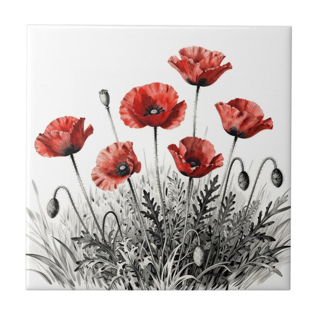 Vibrant Red Poppy Flower Meadow Tile (Front)