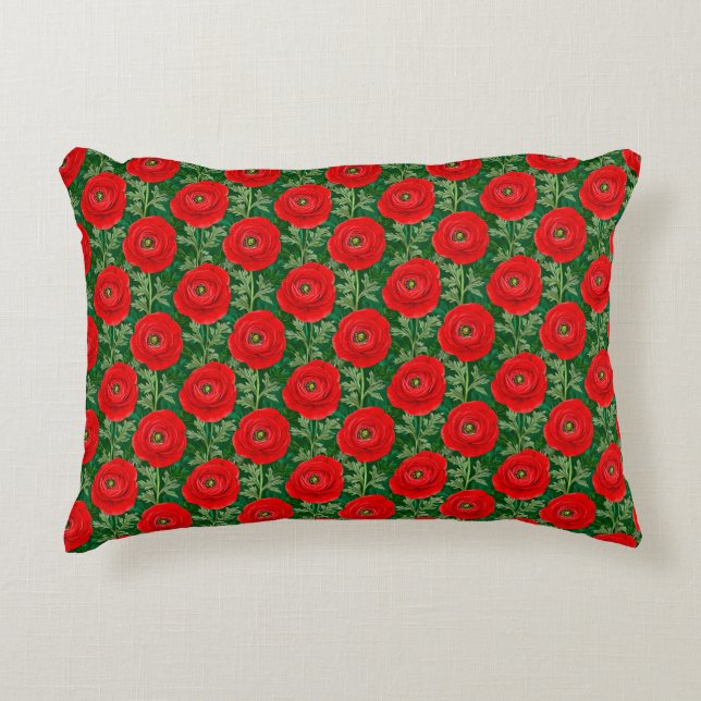 Vibrant Red Ranunculus Floral Pattern Decorative Cushion (Front)