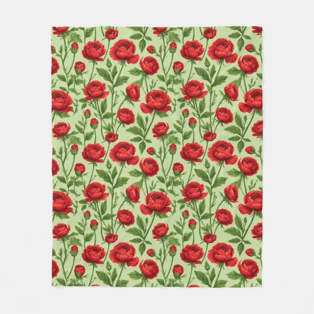 Vibrant Red Ranunculus Floral Pattern Fleece Blanket (Front)