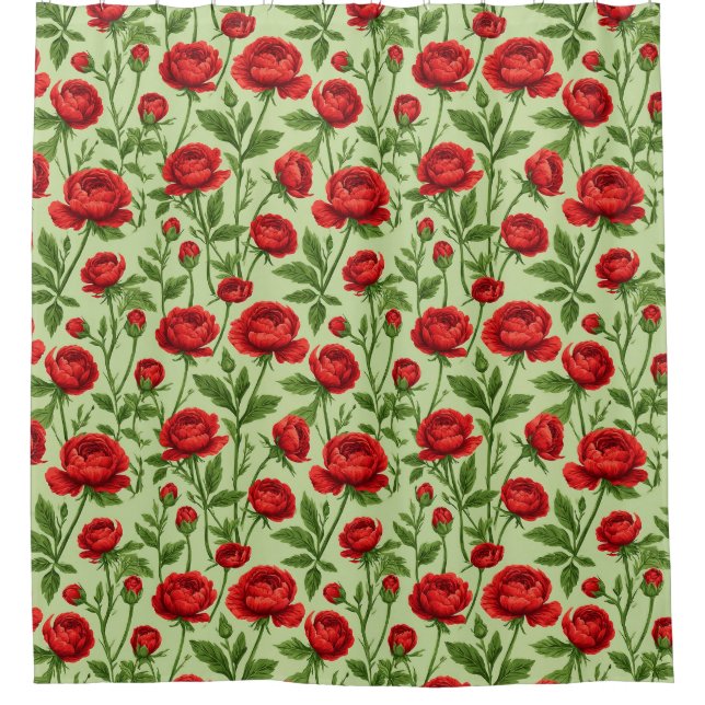 Vibrant Red Ranunculus Floral Pattern Shower Curtain (Front)