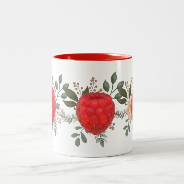 Vibrant Red Raspberry with Floral Leaves Two-Tone Coffee Mug (Center)