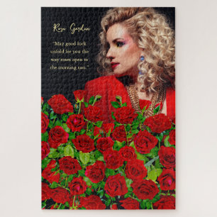 Vibrant Red Rose Garden Floral Custom Photo Text Jigsaw Puzzle