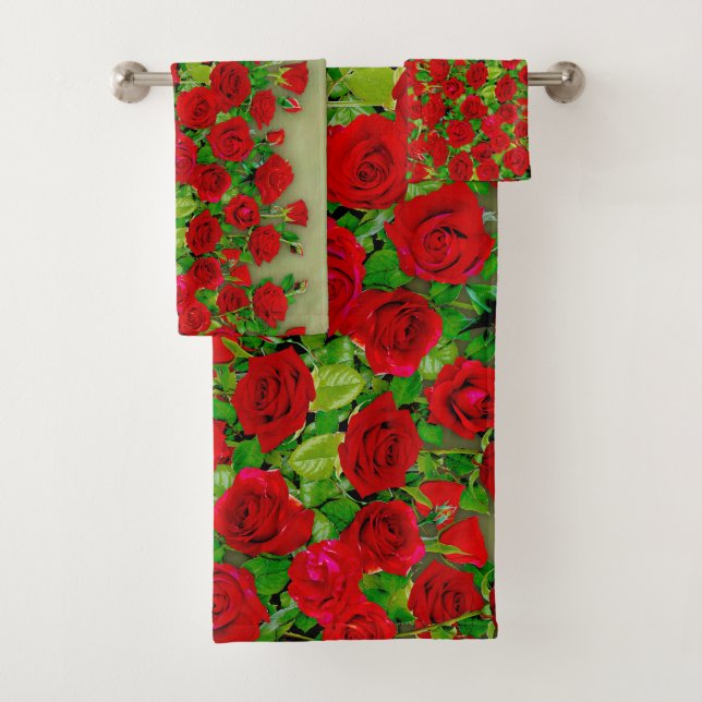 Vibrant Red Rose Garden Floral Pattern Bath Towel Set (Insitu)