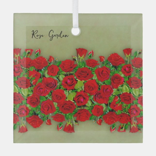 Vibrant Red Rose Garden Floral Pattern Glass Tree Decoration (Front)