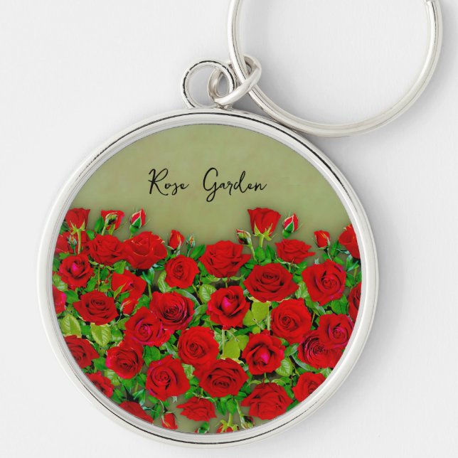 Vibrant Red Rose Garden Floral Pattern Key Ring (Front)