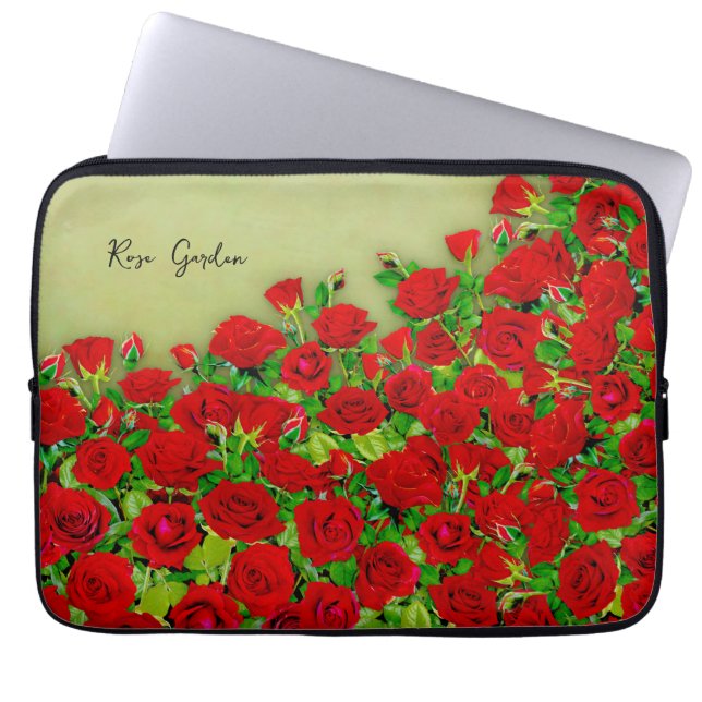 Vibrant Red Rose Garden Floral Pattern Laptop Sleeve (Front)
