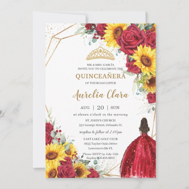 Vibrant Red Rose Sunflower Floral Gold Quinceañera Invitation (Front)
