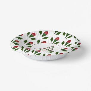 Vibrant Red Roses, Holly Christmas Tree Holiday Paper Plate