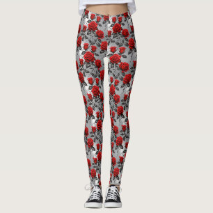 Vibrant Red Roses On A Metallic Silver Background  Leggings