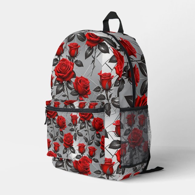 Vibrant Red Roses On A Metallic Silver Background  Printed Backpack (Back Corner Right)