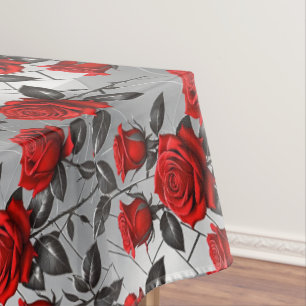 Vibrant Red Roses On A Metallic Silver Background Tablecloth