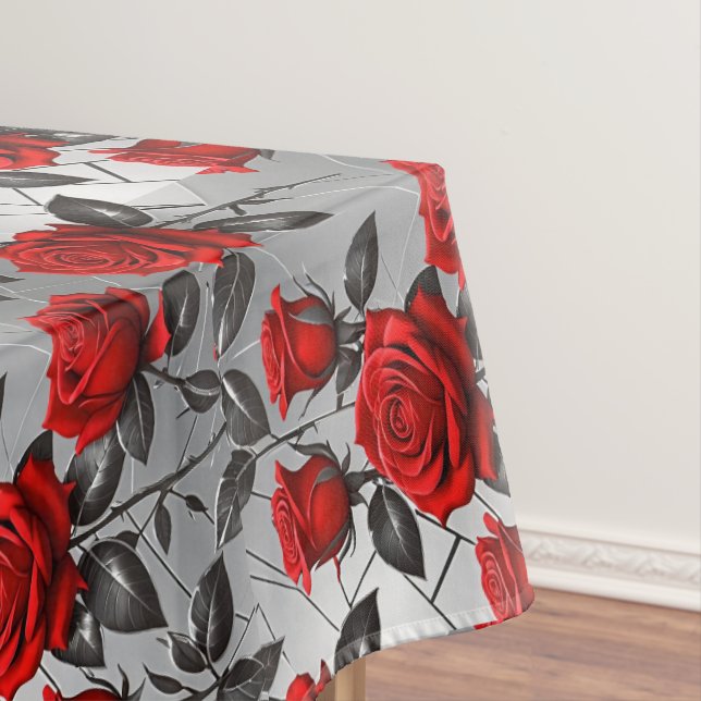 Vibrant Red Roses On A Metallic Silver Background  Tablecloth (In Situ)