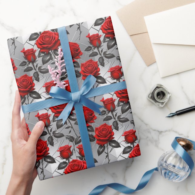 Vibrant Red Roses On A Metallic Silver Background  Wrapping Paper (Gifting)