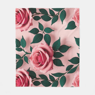 Vibrant Red Roses With Dark Green Leaves Fleece Blanket