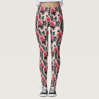 Vibrant Red Roses With Dark Green Leaves  Leggings
