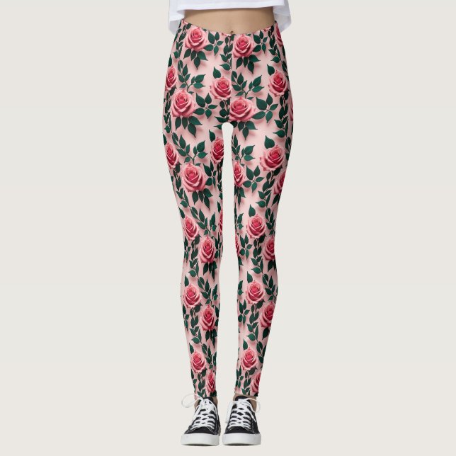 Vibrant Red Roses With Dark Green Leaves  Leggings (Front)