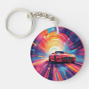 Vibrant Red Sports Car in a Dynamic Spiral Design Key Ring
