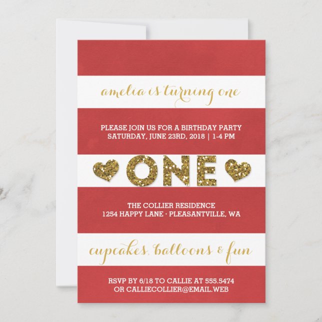 Vibrant Red Stripes First Birthday Party Invitation (Front)