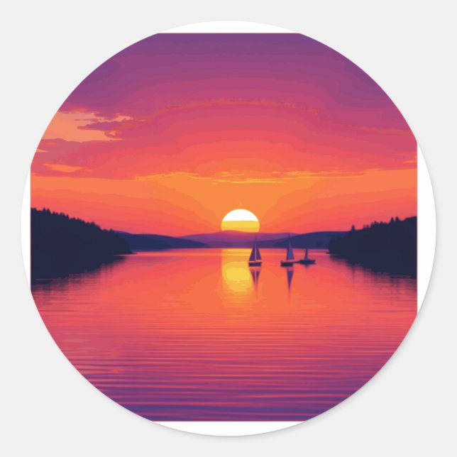 Vibrant Red Sunset Over the River Classic Round Sticker (Front)
