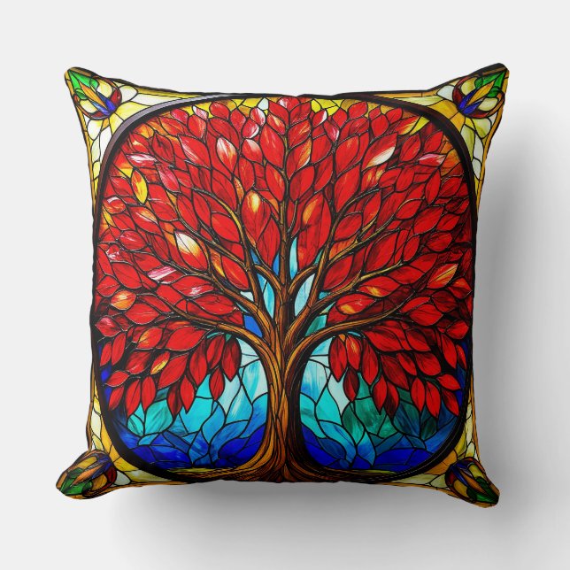 Vibrant Red Tree Stained Glass Art Cushion (Front)