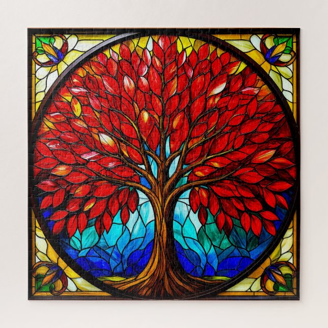 Vibrant Red Tree Stained Glass Art Jigsaw Puzzle (Vertical)