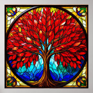 Vibrant Red Tree Stained Glass Art Poster