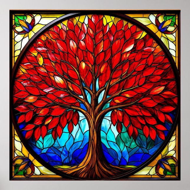 Vibrant Red Tree Stained Glass Art Poster (Front)
