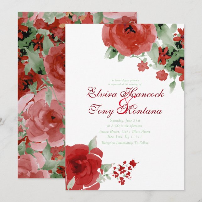 Vibrant Red Watercolor Rose, Wedding Invitations (Front/Back)